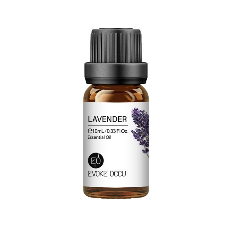 Lavender essential oil bottle with black cap on a white background