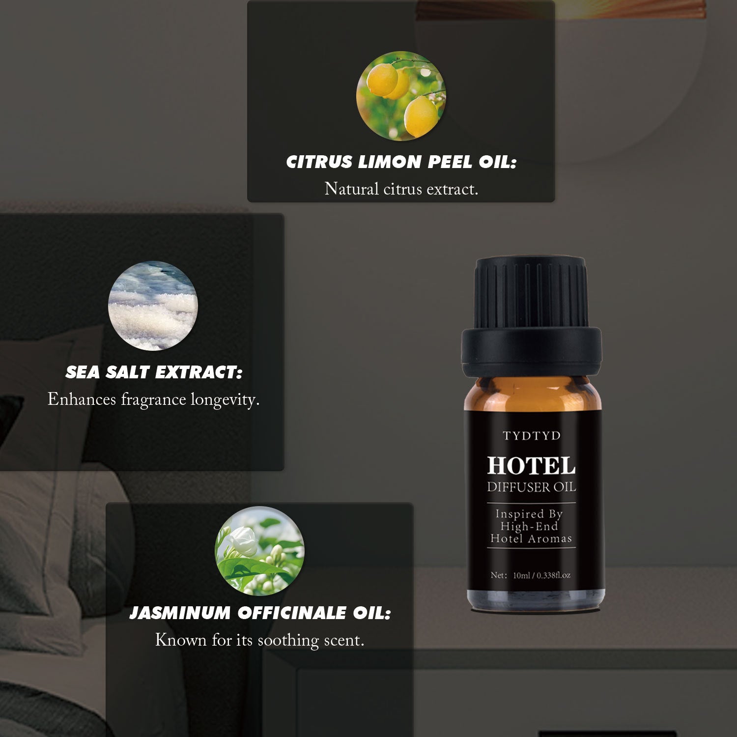 Tydytd diffuser oil bottle with labels for citrus lemon peel, sea salt extract, and jasmine officinale oils on a dark background.