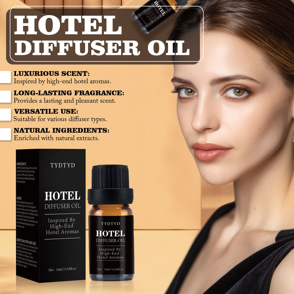 Tydtyd Hotel Diffuser Oil packaging with a woman's face on a wooden background