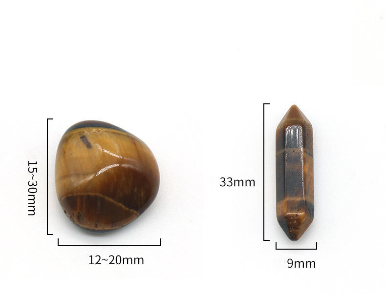 Two tiger eye stones with measurements on a white background