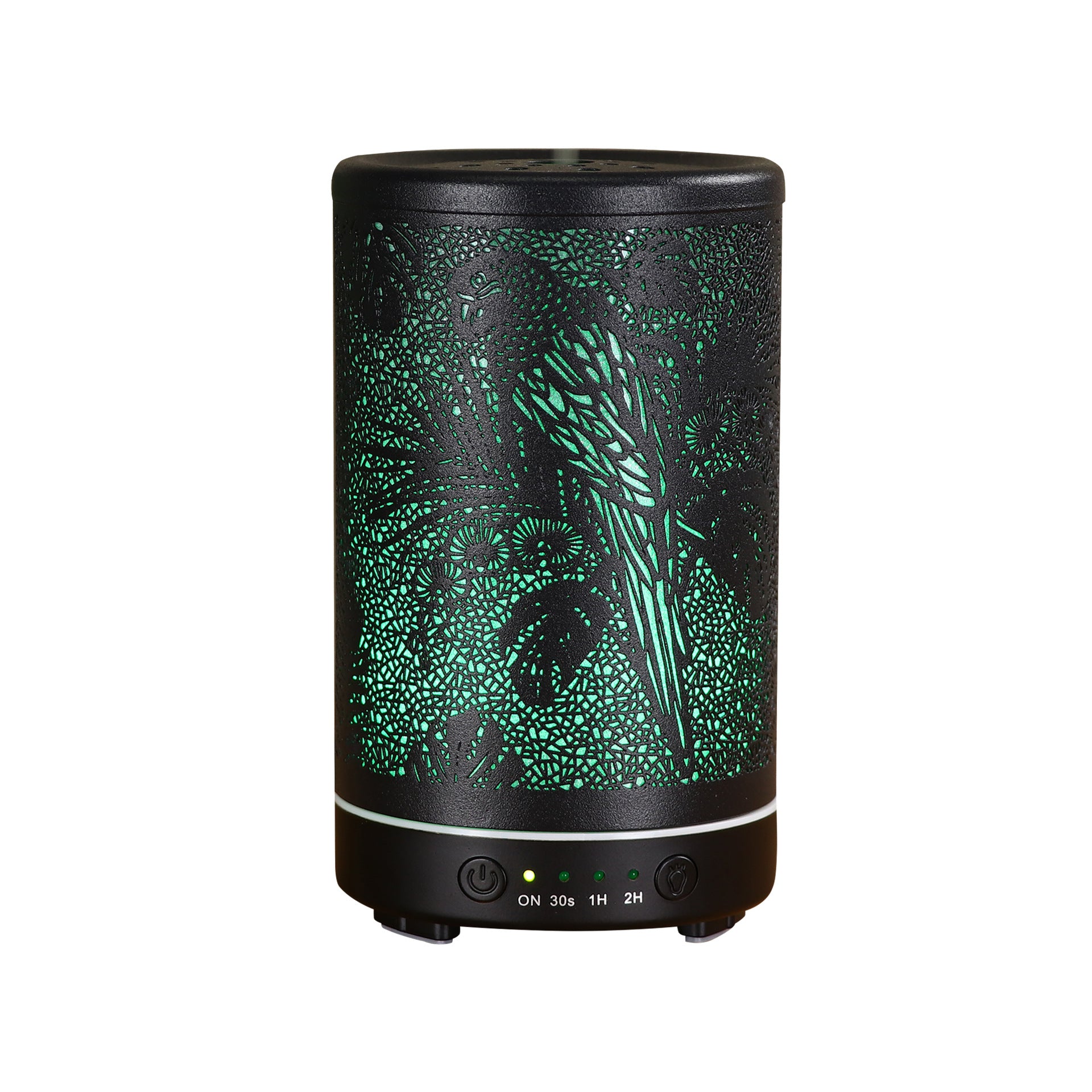Black diffuser with green design on a white background
