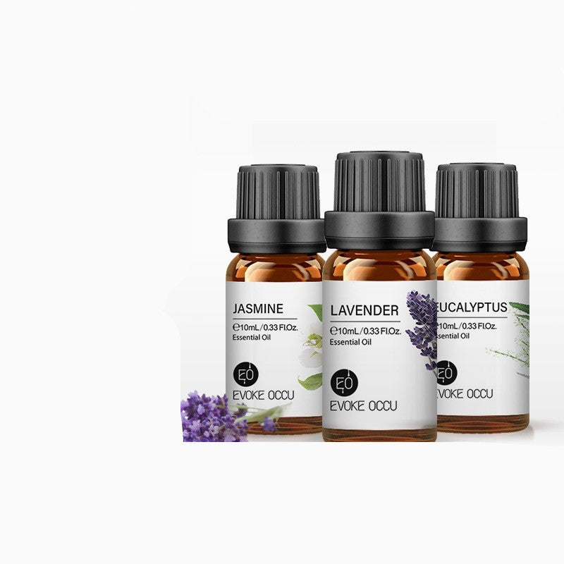 Three essential oil bottles labeled Jasmine, Lavender, and Eucalyptus on a white background.