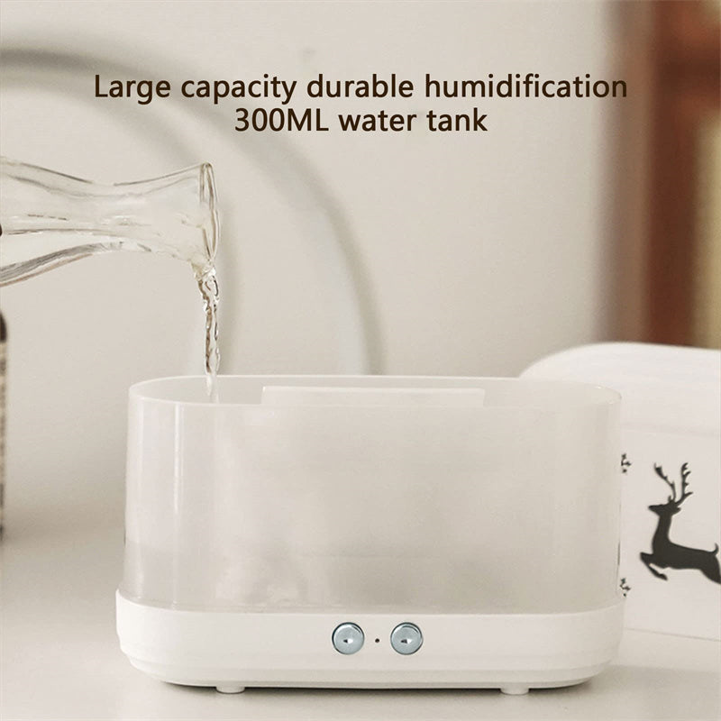 White humidifier with a 300ML water tank being filled, with text indicating its capacity.