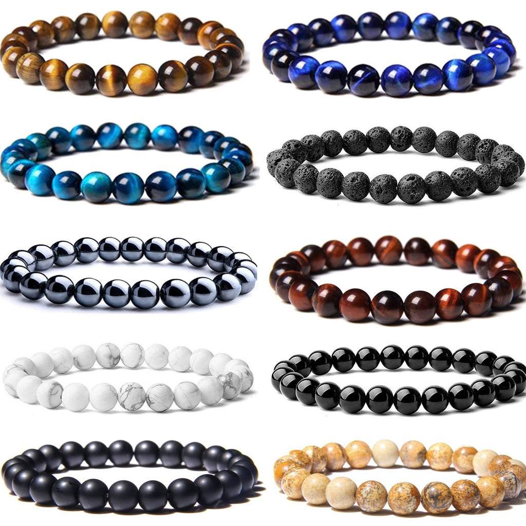 Collection of various beaded bracelets in different colors and materials.