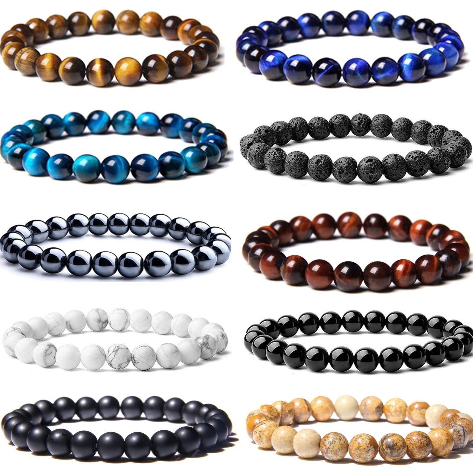 Collection of various beaded bracelets in different colors and materials.