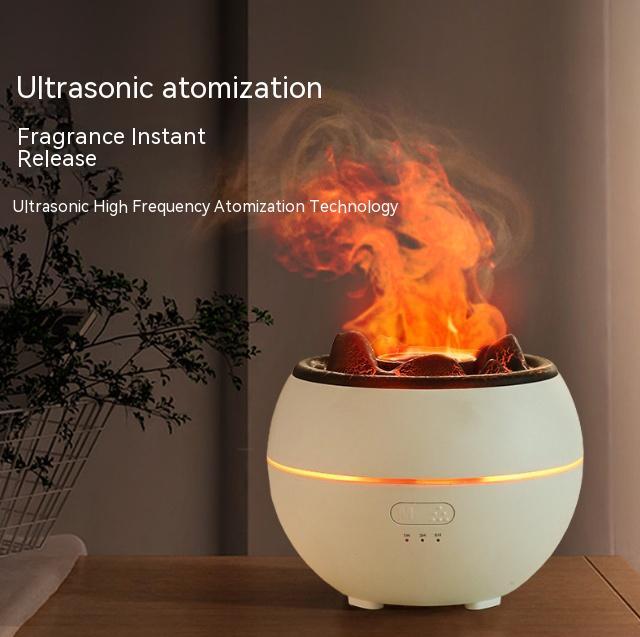 White ultrasonic humidifier with flames on a wooden surface, text about ultrasonic atomization.