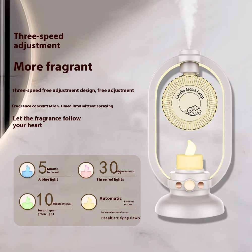 Candle-shaped air freshener with three-speed adjustment and fragrance concentration display on a gray background.