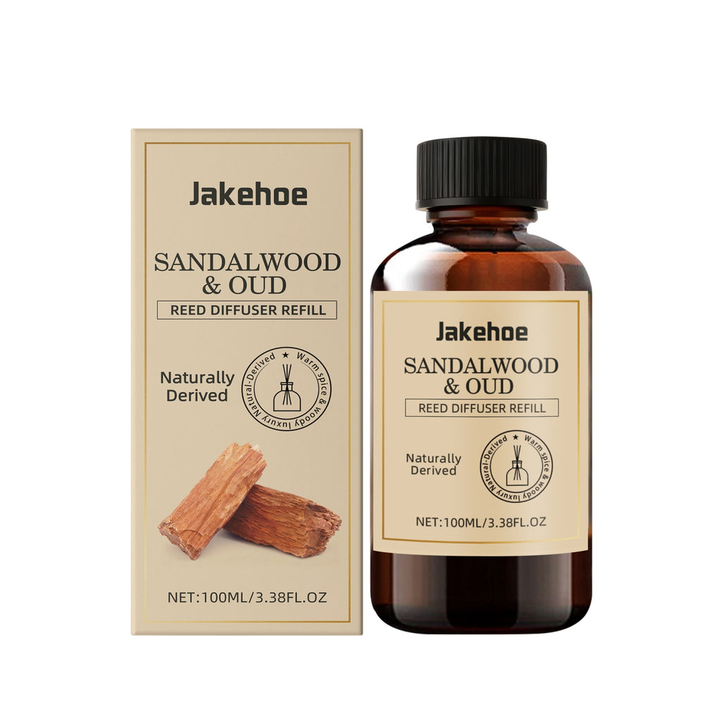 Jakehoe Sandalwood & Oud Reed Diffuser Refill bottle and packaging on a white background