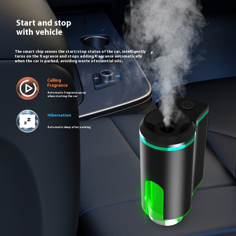 Car air freshener with green light on a car dashboard, showing start and stop functionality.