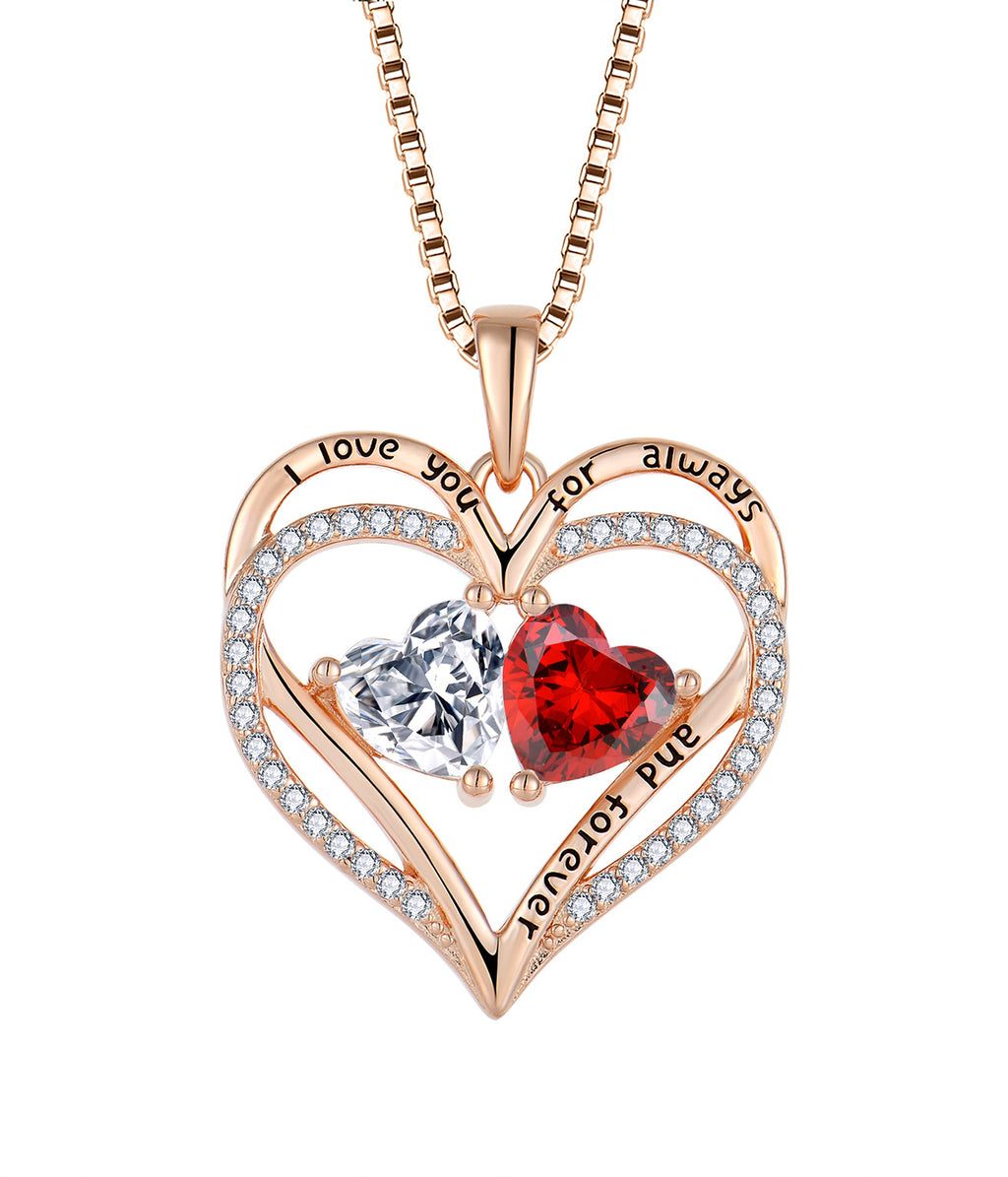 Heart-shaped pendant with red and clear gemstones on a rose gold chain against a white background