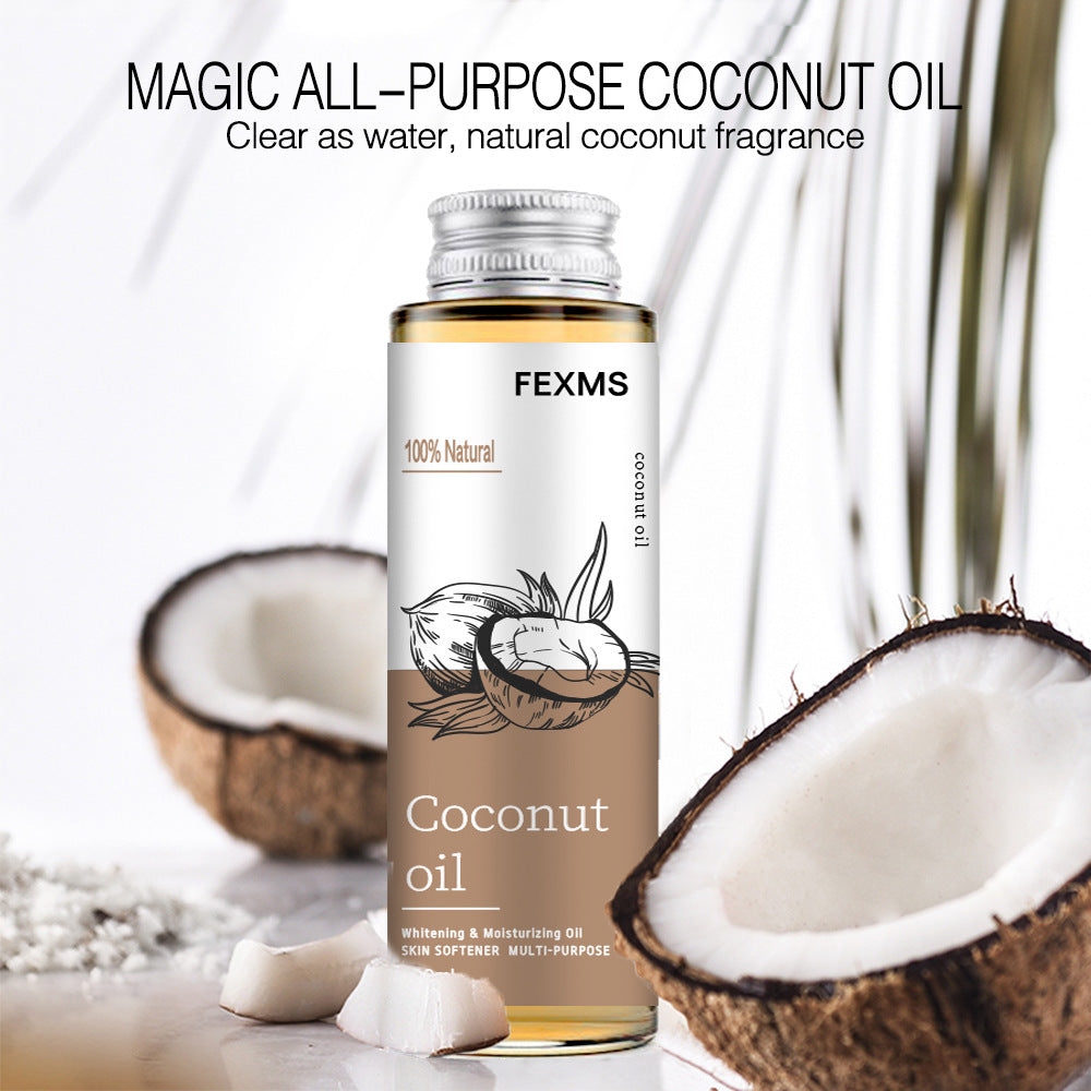 FEXMS coconut oil bottle with coconuts on a light background