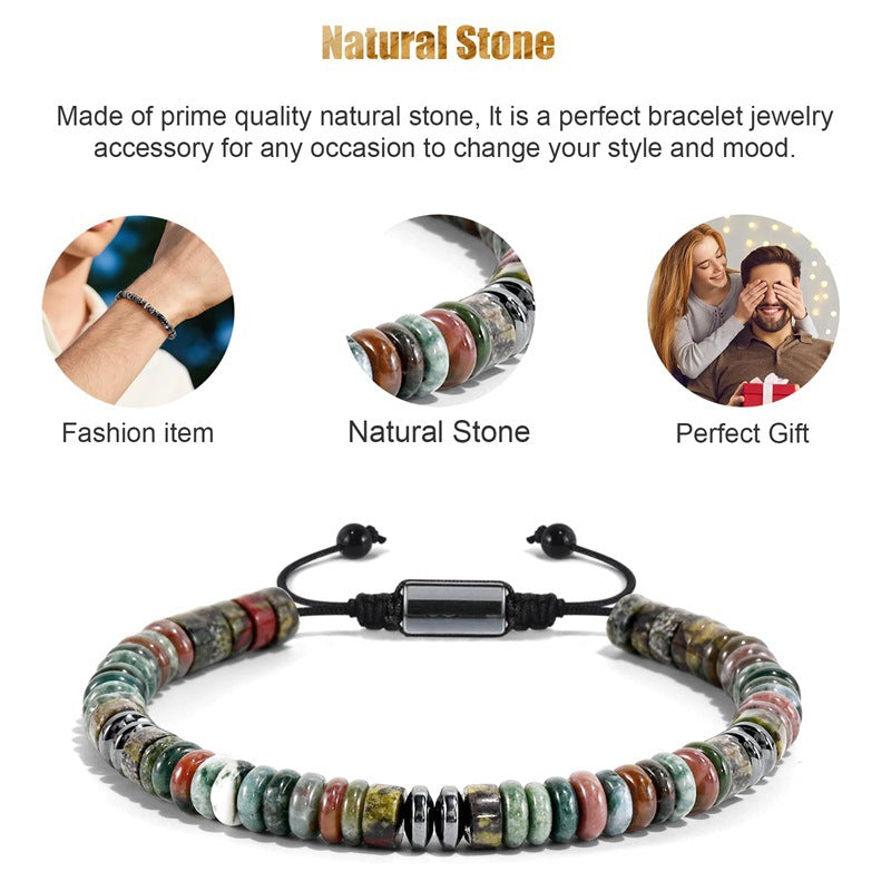 Multicolored beaded bracelet with natural stone beads on a white background, featuring text about its quality and uses.