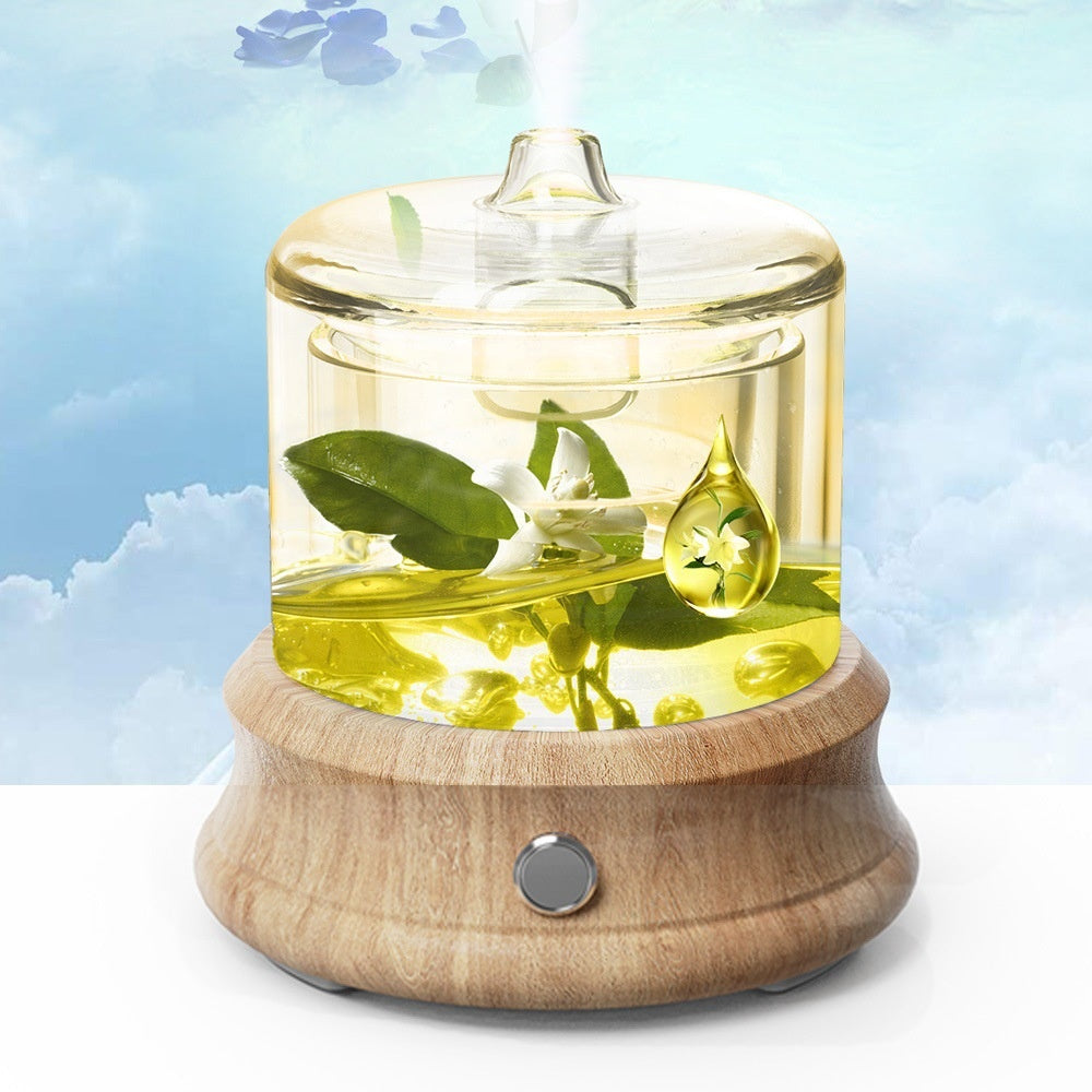 A humidifier with a wooden base and glass container filled with water and leaves on a light blue background.