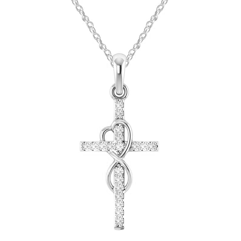 Silver cross pendant with heart design on a white background