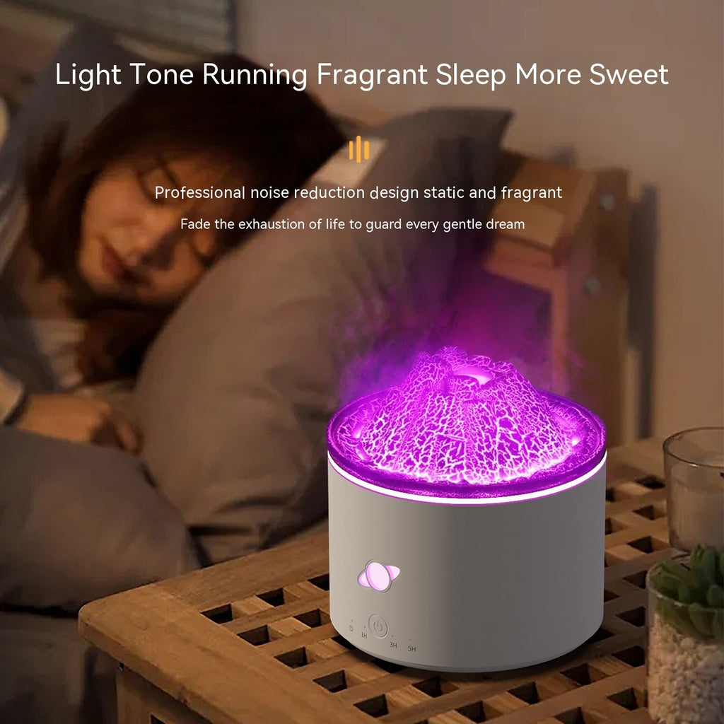 Fragrant sleep device emitting purple light on a bedside table with a person lying in bed in the background.
