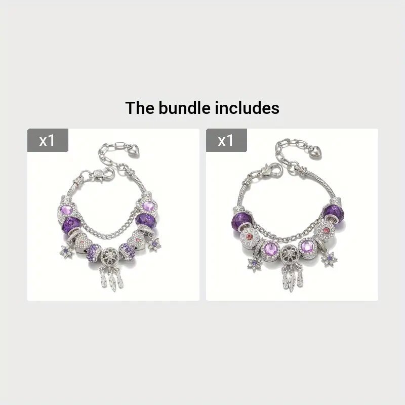 Two silver bracelets with purple and pink charms on a white background