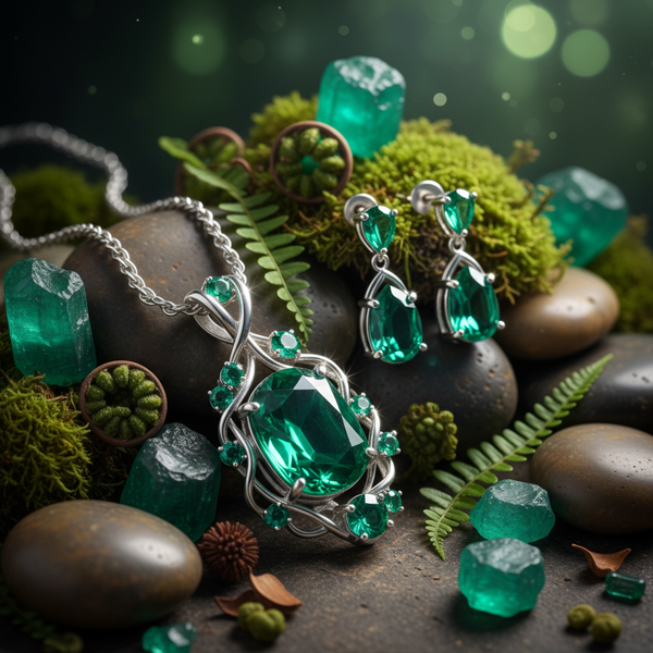 Green gemstone jewelry set with necklace and earrings on a natural background