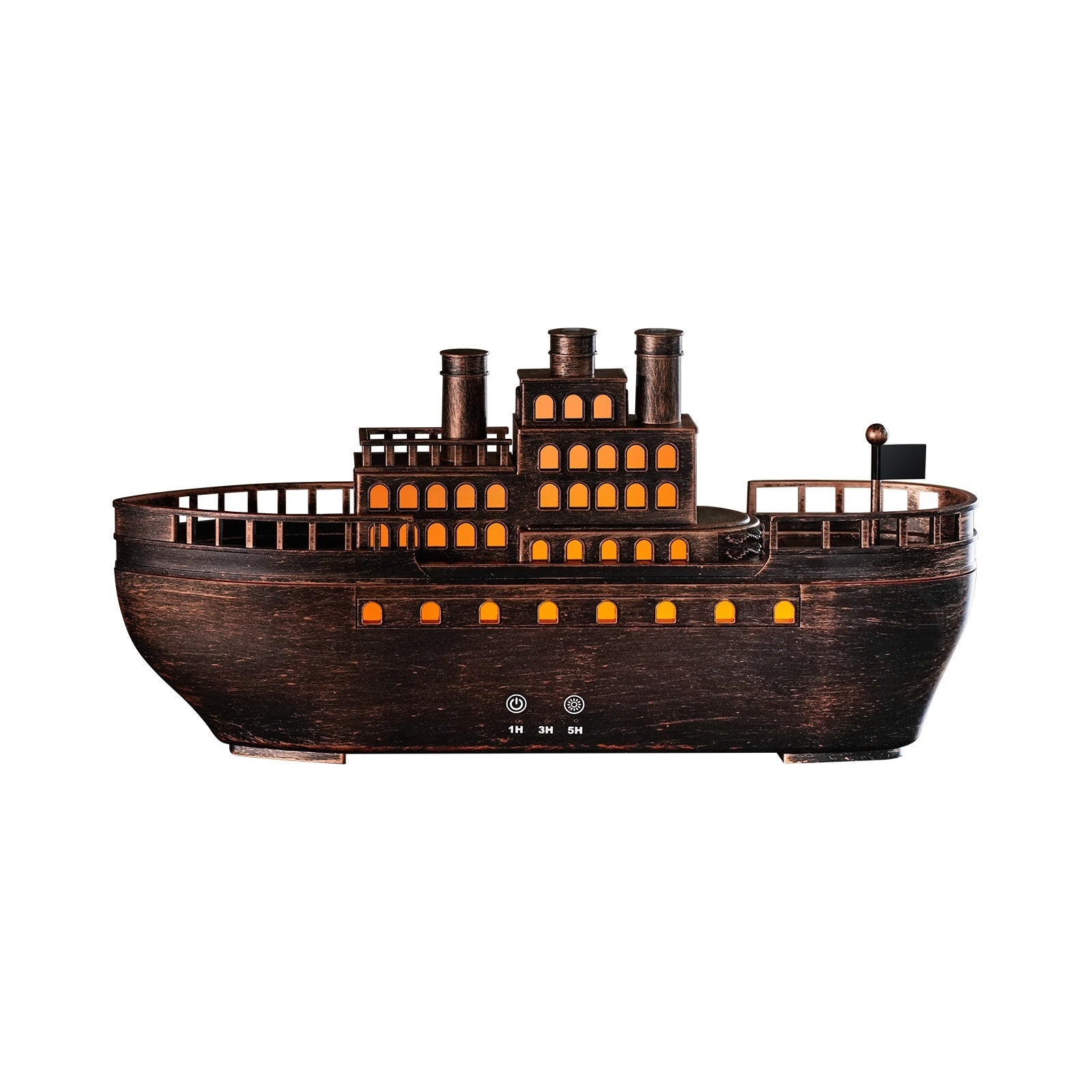 Model of a steamboat with glowing interior lights on a white background