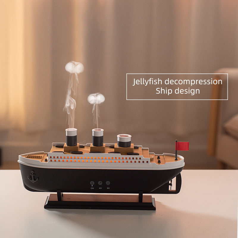 Model ship with jellyfish decompression design on a blurred background