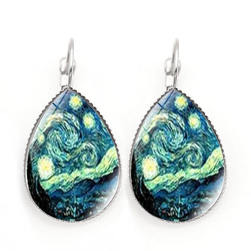 Teardrop-shaped earrings with 'Starry Night' design on a white background