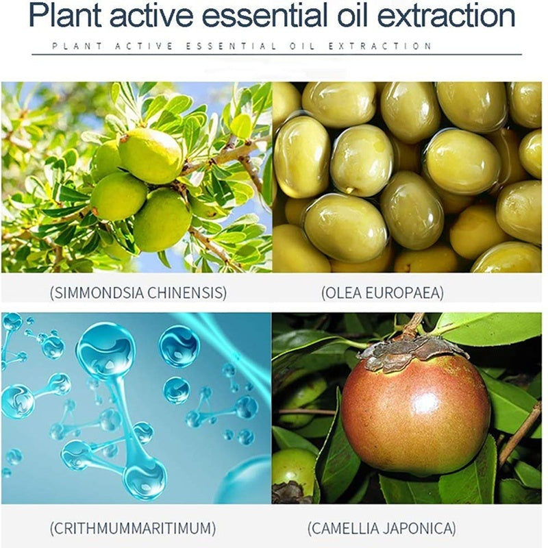 Collage of green olives, olive tree branch, olive oil droplets, and a fruit with text on plant active essential oil extraction.