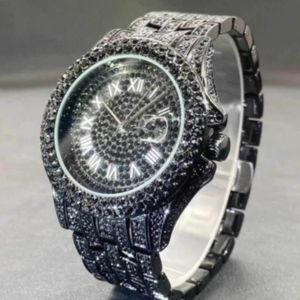 Luxury watch with diamond-studded case and band on a gray background