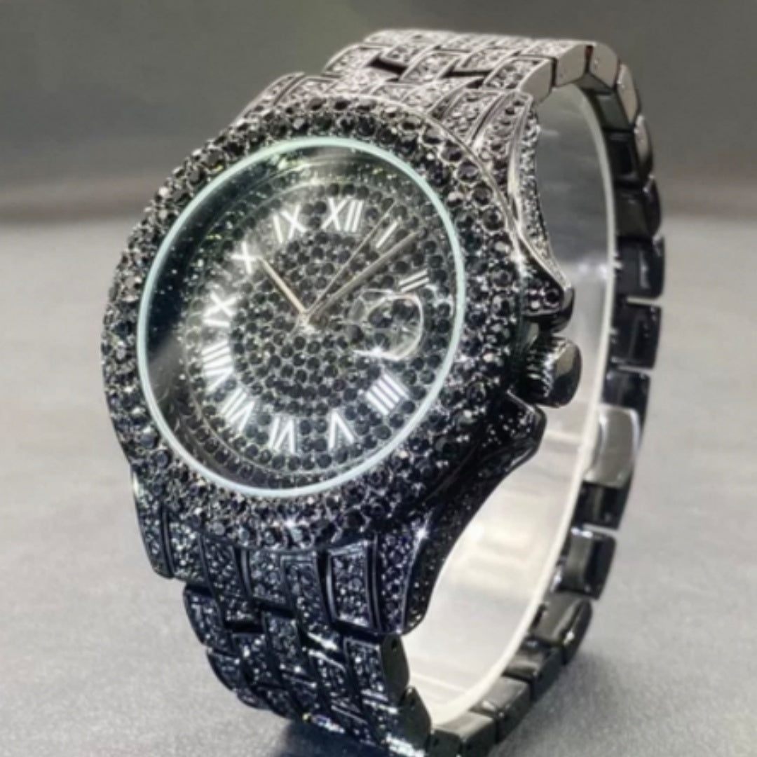 Luxury watch with diamond-studded case and band on a gray background