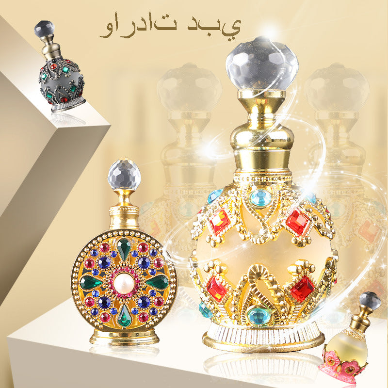 Decorative perfume bottles with gemstones on a reflective surface