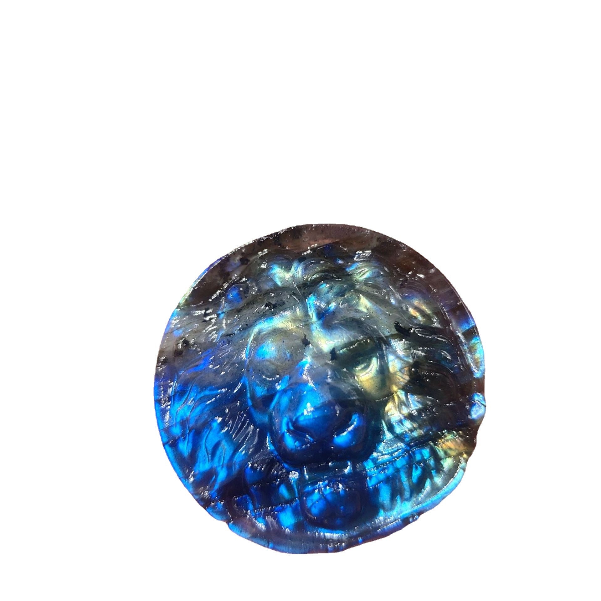 Round blue gemstone with a reflective surface on a white background