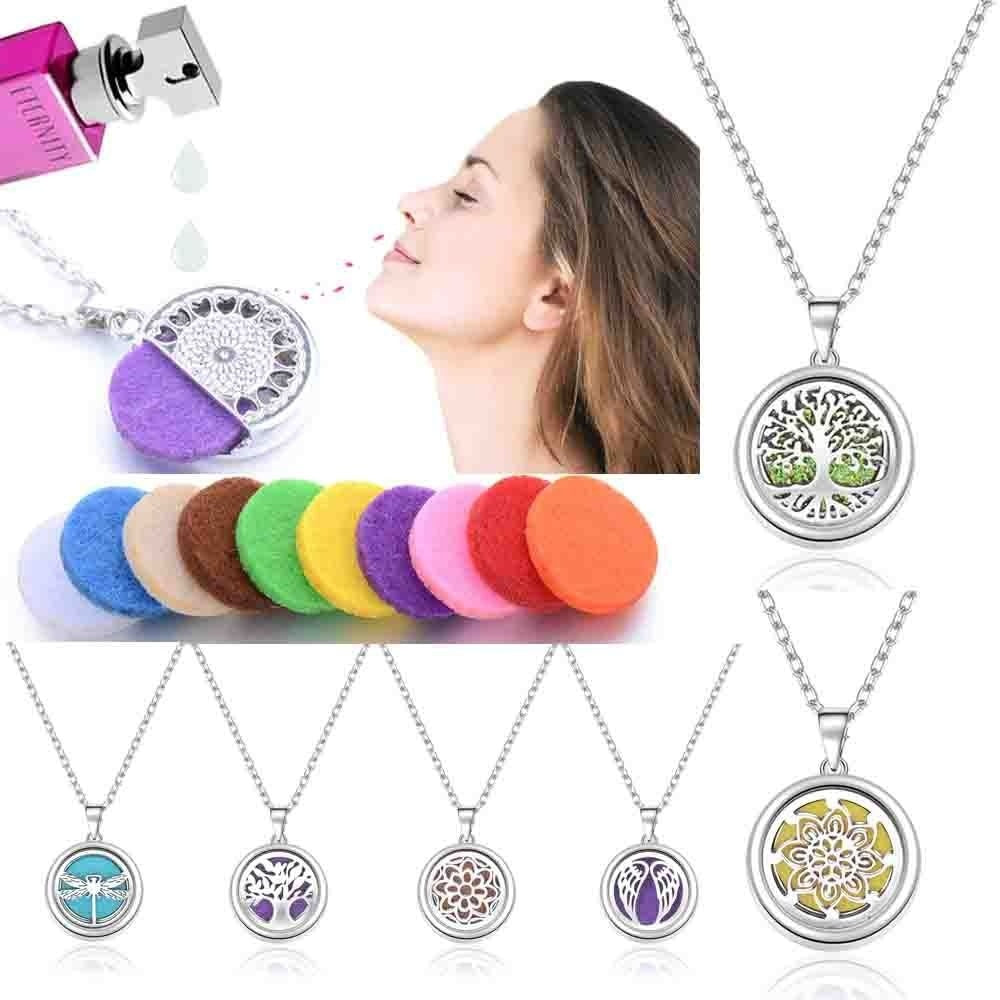 Collection of necklaces with various pendants and colorful diffuser pads.