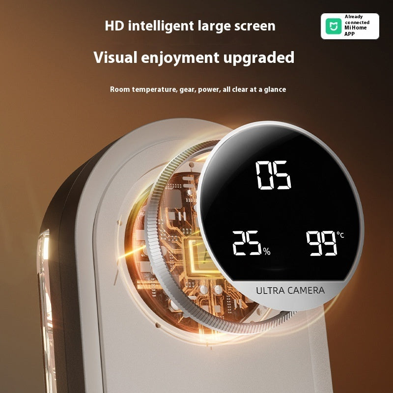 Digital device with a large screen displaying temperature and humidity, featuring the Mi Home App logo.