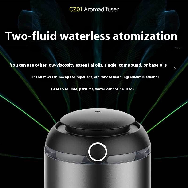 CZ01 Aromadifuser with text about two-fluid waterless atomization on a dark background