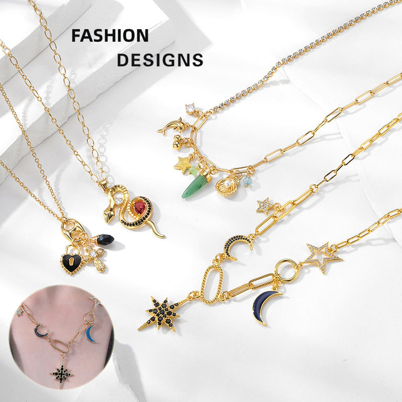Gold necklaces with various charms on a white background, labeled 'Fashion Designs'.