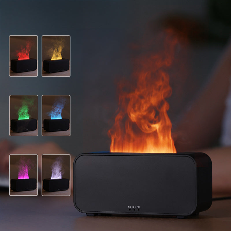 Black fire effect device with color-changing flames on a dark background