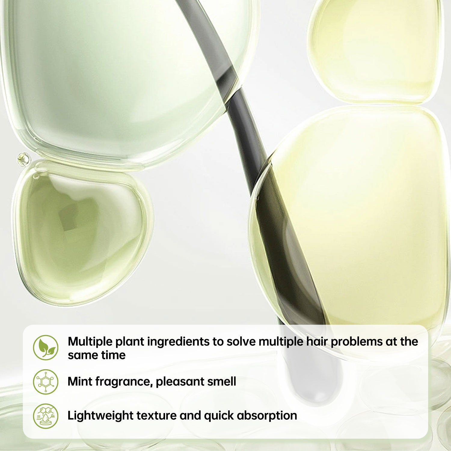 Hair care product with spoon and text highlighting features on a white background