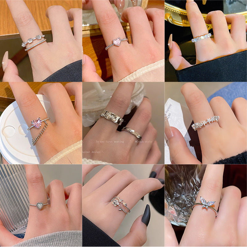 Collage of various rings on fingers with different designs.