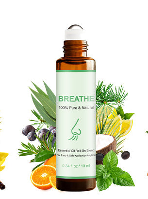 Bottle of 'Breathe' essential oil roll-on blend with natural elements on a white background