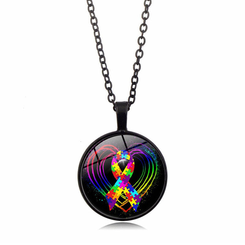 Necklace with a colorful ribbon pendant on a white background