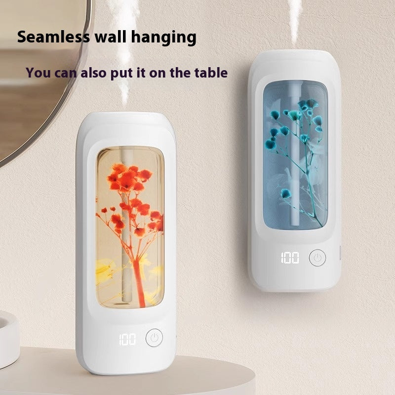 Two white humidifiers with digital displays, one on a wall and one on a table, against a beige background.