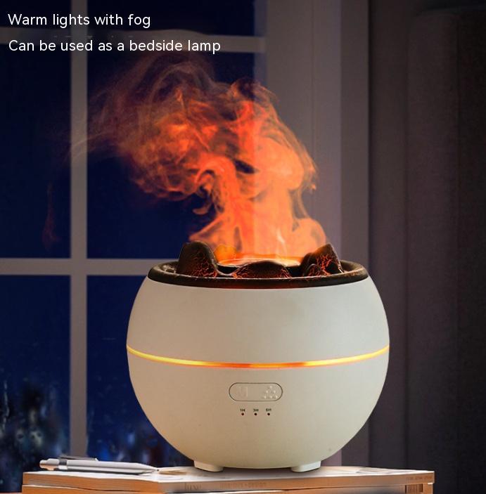 White diffuser with flames on a wooden surface, labeled 'Warm lights with fog, can be used as a bedside lamp'.