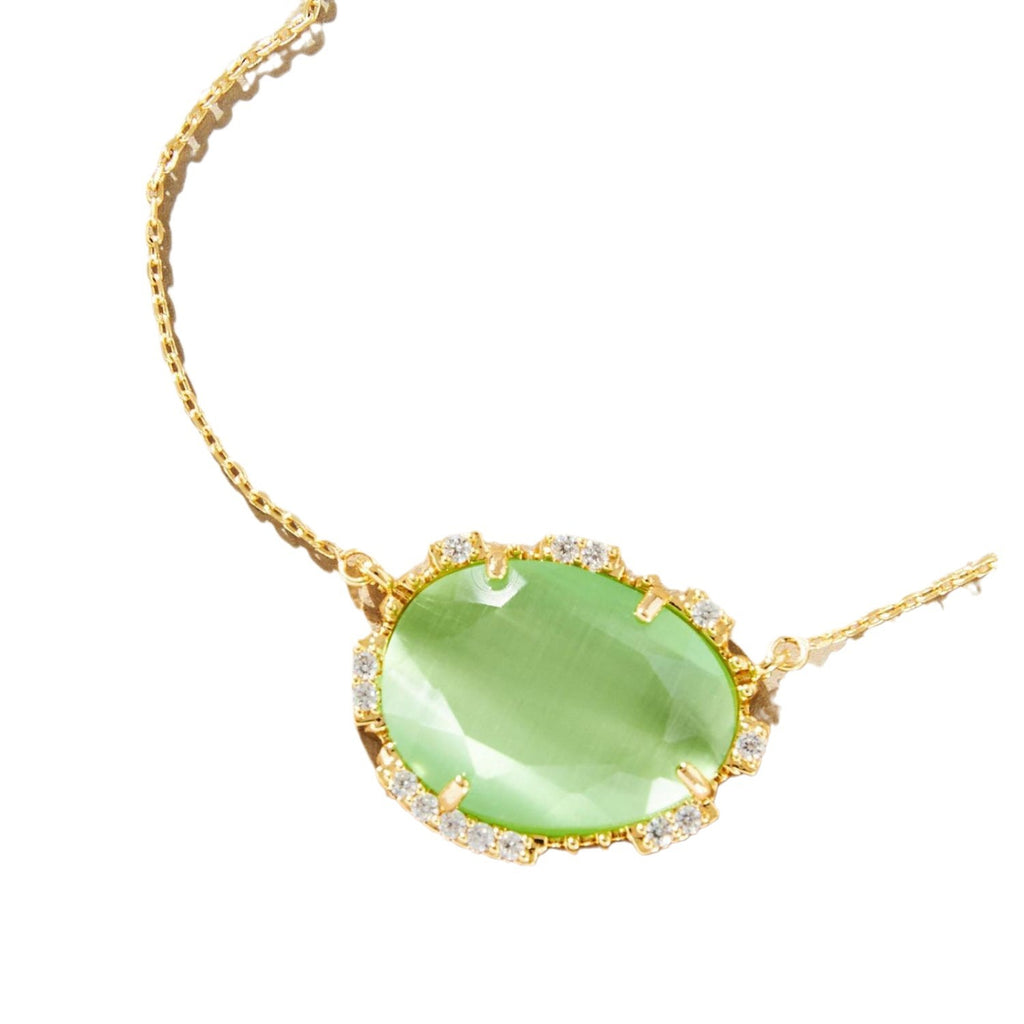 Necklace with a green pendant and gold chain on a white background