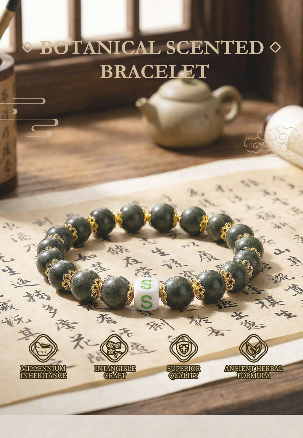 Botanical scented bracelet on an open book with a teapot in the background