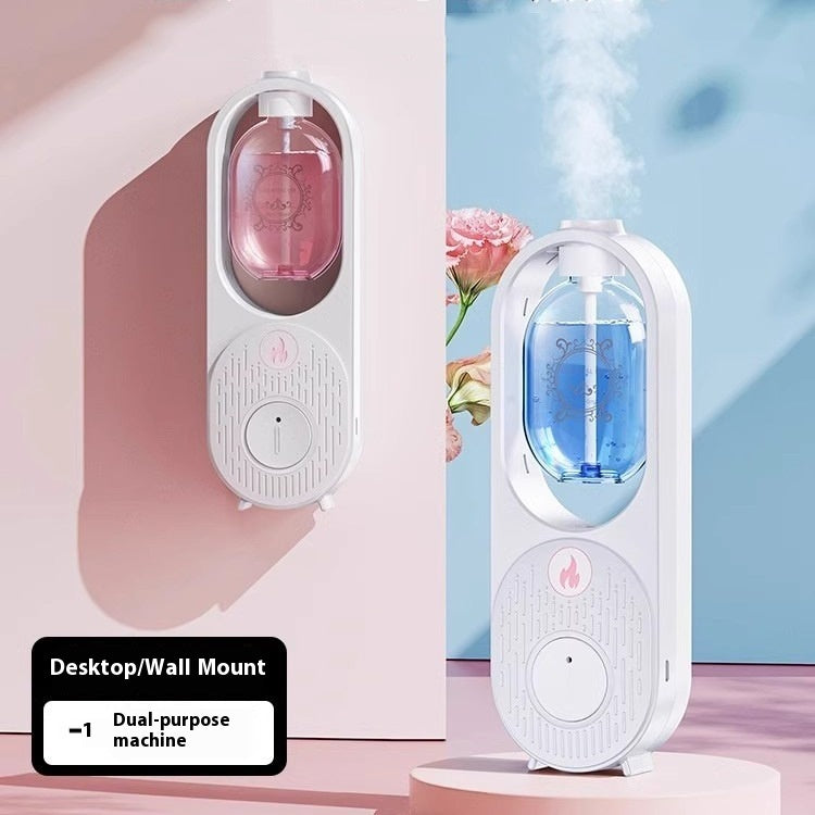White dual-purpose machine for desktop and wall mount with pink and blue liquids on a pastel background.