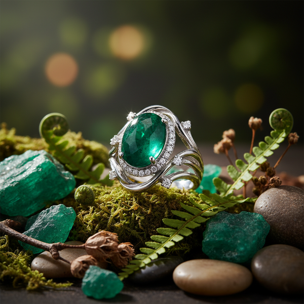 Silver ring with a green gemstone on a natural background with green leaves and stones.